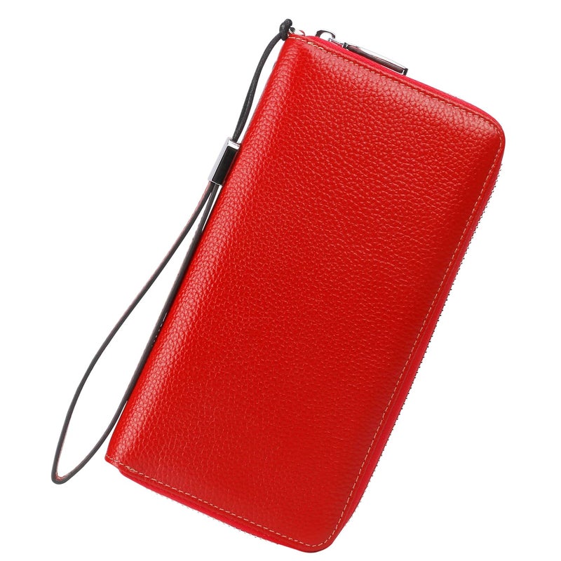 Lavemi Women's RFID Blocking 100% Leather Large Capacity Zip Around Wallet Phone Holder Clutch Travel Purse Wristlet(Large Size Pebble Red) - Image 1